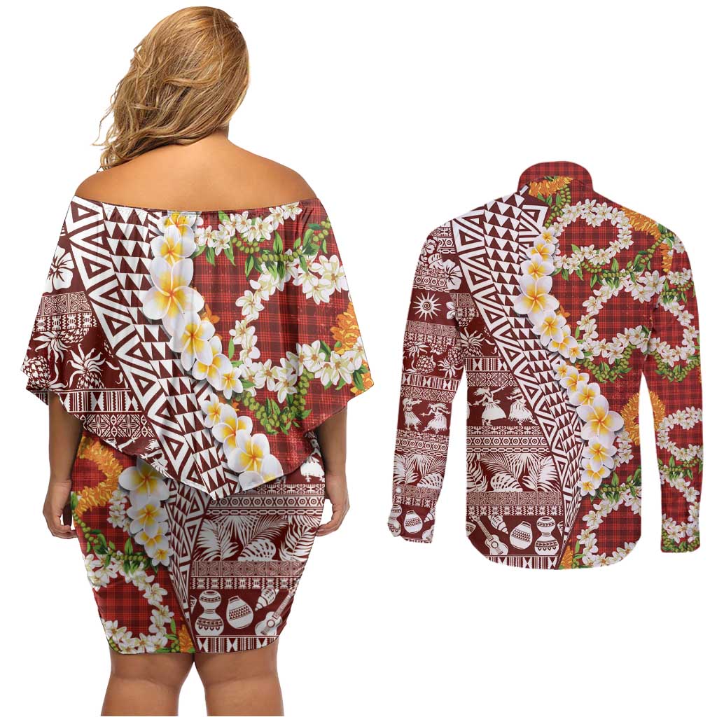 Hawaiian Plumeria Lei Couples Matching Off Shoulder Short Dress and Long Sleeve Button Shirt Kakau Motifs and Palaka Half Style Red Color LT03 - Polynesian Pride