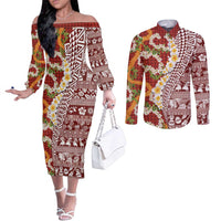 Hawaiian Plumeria Lei Couples Matching Off The Shoulder Long Sleeve Dress and Long Sleeve Button Shirt Kakau Motifs and Palaka Half Style Red Color LT03 Red - Polynesian Pride