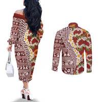 Hawaiian Plumeria Lei Couples Matching Off The Shoulder Long Sleeve Dress and Long Sleeve Button Shirt Kakau Motifs and Palaka Half Style Red Color LT03 - Polynesian Pride