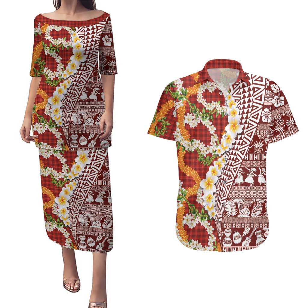 Hawaiian Plumeria Lei Couples Matching Puletasi and Hawaiian Shirt Kakau Motifs and Palaka Half Style Red Color LT03 Red - Polynesian Pride