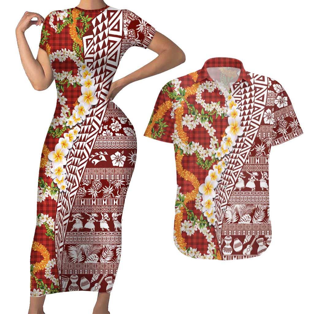 Hawaiian Plumeria Lei Couples Matching Short Sleeve Bodycon Dress and Hawaiian Shirt Kakau Motifs and Palaka Half Style Red Color LT03 Red - Polynesian Pride
