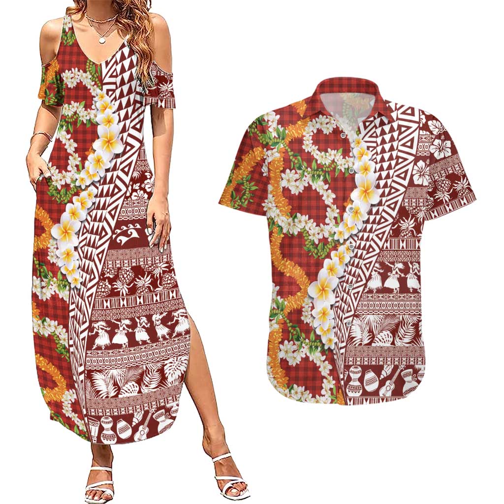 Hawaiian Plumeria Lei Couples Matching Summer Maxi Dress and Hawaiian Shirt Kakau Motifs and Palaka Half Style Red Color LT03 Red - Polynesian Pride