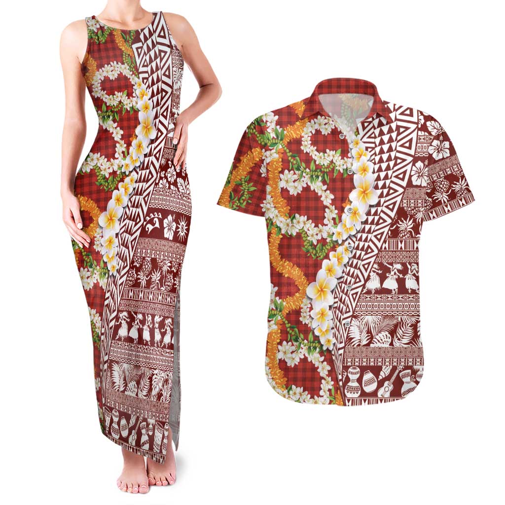 Hawaiian Plumeria Lei Couples Matching Tank Maxi Dress and Hawaiian Shirt Kakau Motifs and Palaka Half Style Red Color LT03 Red - Polynesian Pride