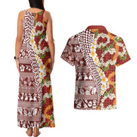 Hawaiian Plumeria Lei Couples Matching Tank Maxi Dress and Hawaiian Shirt Kakau Motifs and Palaka Half Style Red Color LT03 - Polynesian Pride
