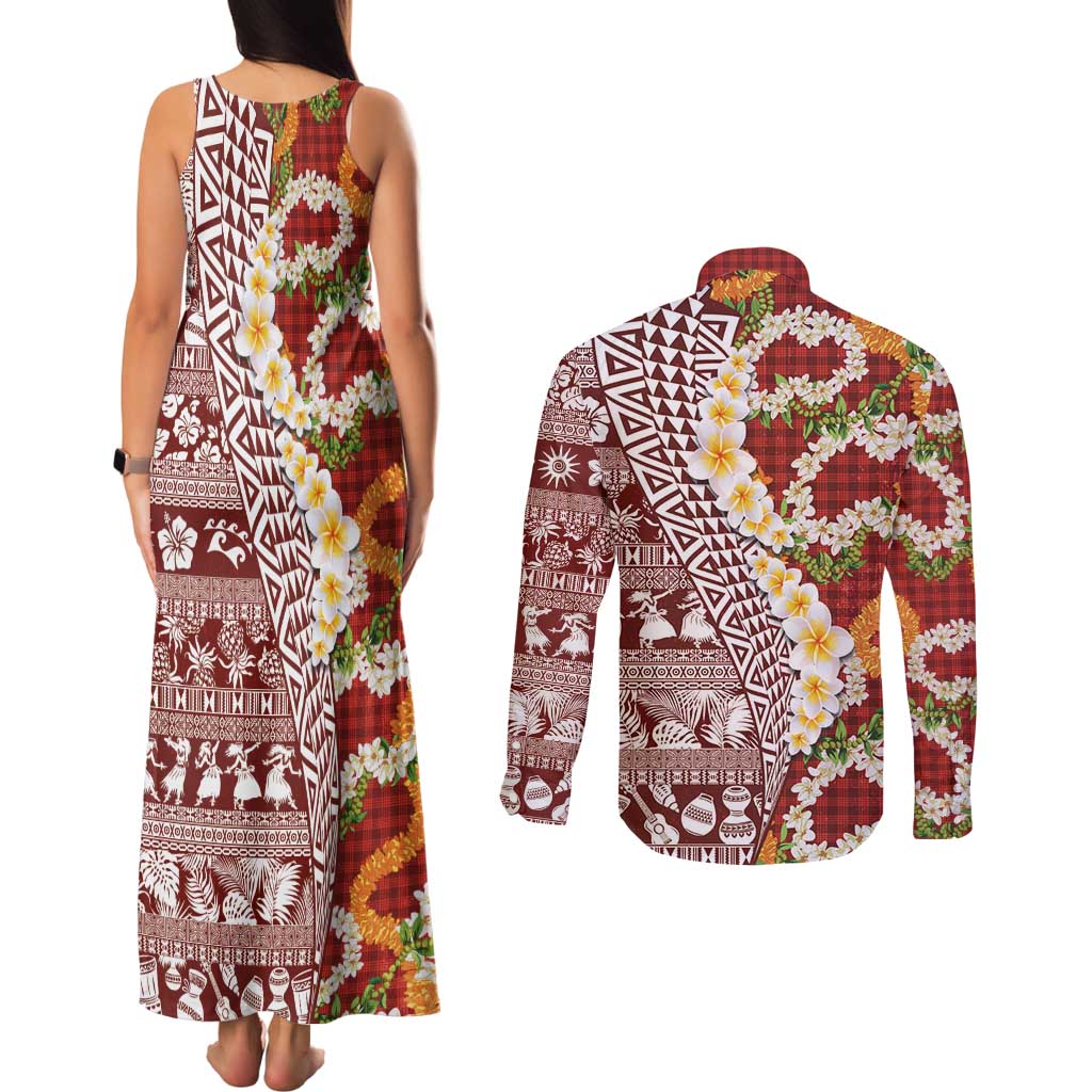 Hawaiian Plumeria Lei Couples Matching Tank Maxi Dress and Long Sleeve Button Shirt Kakau Motifs and Palaka Half Style Red Color LT03 - Polynesian Pride
