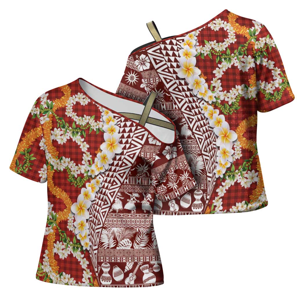 Hawaiian Plumeria Lei Cross Shoulder Shirt Kakau Motifs and Palaka Half Style Red Color - Polynesian Pride