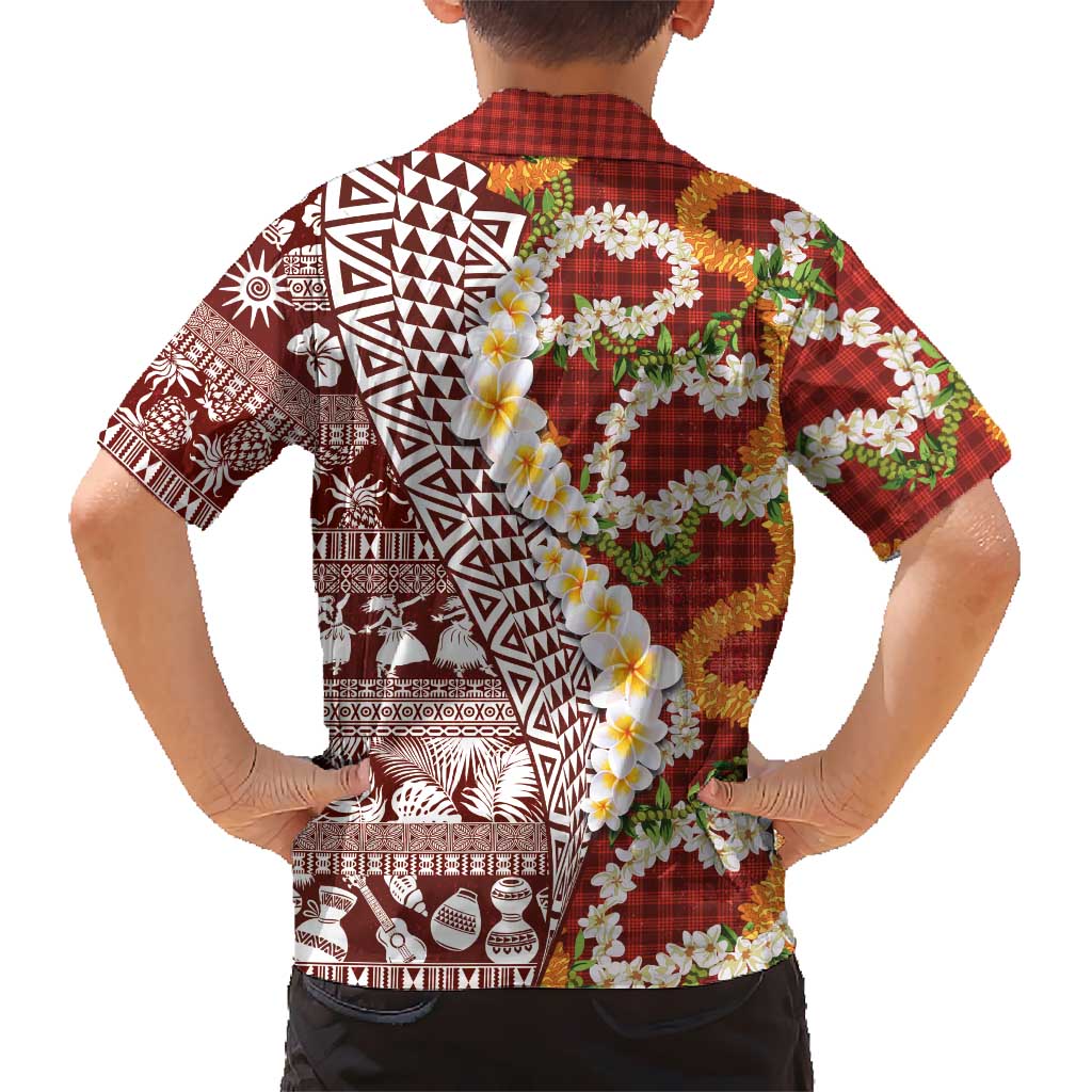 Hawaiian Plumeria Lei Family Matching Long Sleeve Bodycon Dress and Hawaiian Shirt Kakau Motifs and Palaka Half Style Red Color LT03 - Polynesian Pride