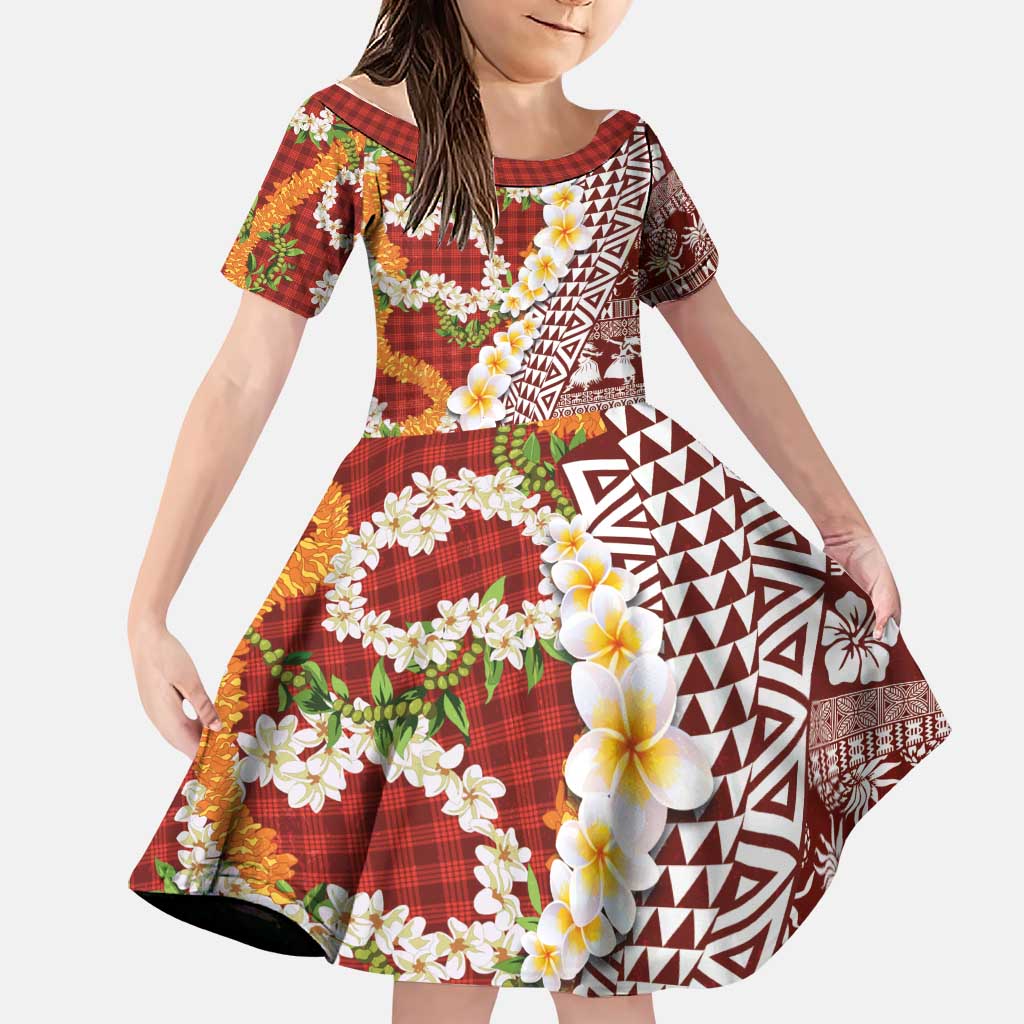 Hawaiian Plumeria Lei Family Matching Long Sleeve Bodycon Dress and Hawaiian Shirt Kakau Motifs and Palaka Half Style Red Color LT03 Daughter's Dress Red - Polynesian Pride