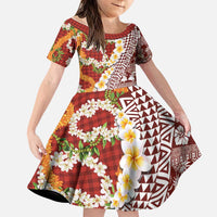Hawaiian Plumeria Lei Family Matching Long Sleeve Bodycon Dress and Hawaiian Shirt Kakau Motifs and Palaka Half Style Red Color LT03 Daughter's Dress Red - Polynesian Pride