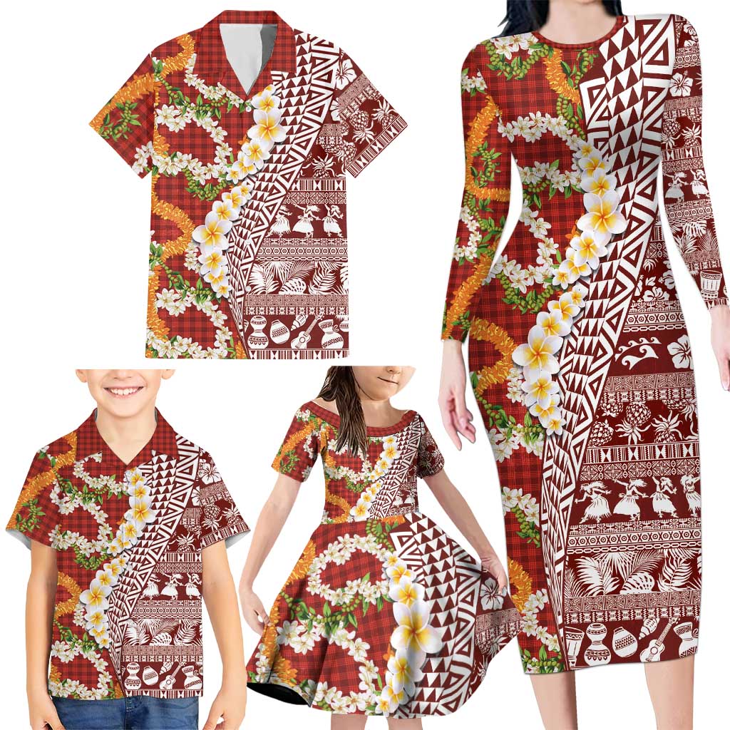 Hawaiian Plumeria Lei Family Matching Long Sleeve Bodycon Dress and Hawaiian Shirt Kakau Motifs and Palaka Half Style Red Color LT03 - Polynesian Pride