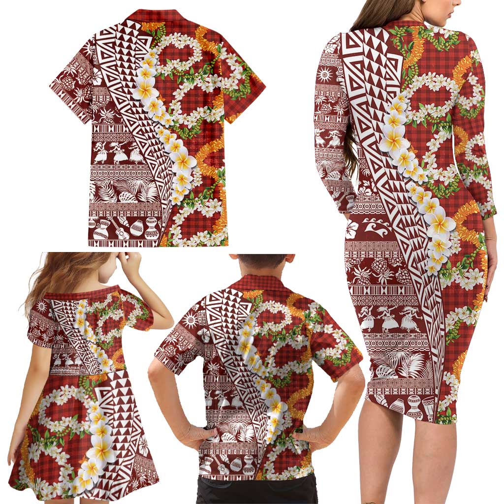 Hawaiian Plumeria Lei Family Matching Long Sleeve Bodycon Dress and Hawaiian Shirt Kakau Motifs and Palaka Half Style Red Color LT03 - Polynesian Pride