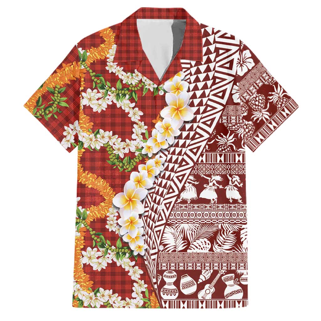 Hawaiian Plumeria Lei Family Matching Long Sleeve Bodycon Dress and Hawaiian Shirt Kakau Motifs and Palaka Half Style Red Color LT03 Dad's Shirt - Short Sleeve Red - Polynesian Pride