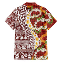 Hawaiian Plumeria Lei Family Matching Long Sleeve Bodycon Dress and Hawaiian Shirt Kakau Motifs and Palaka Half Style Red Color LT03 - Polynesian Pride