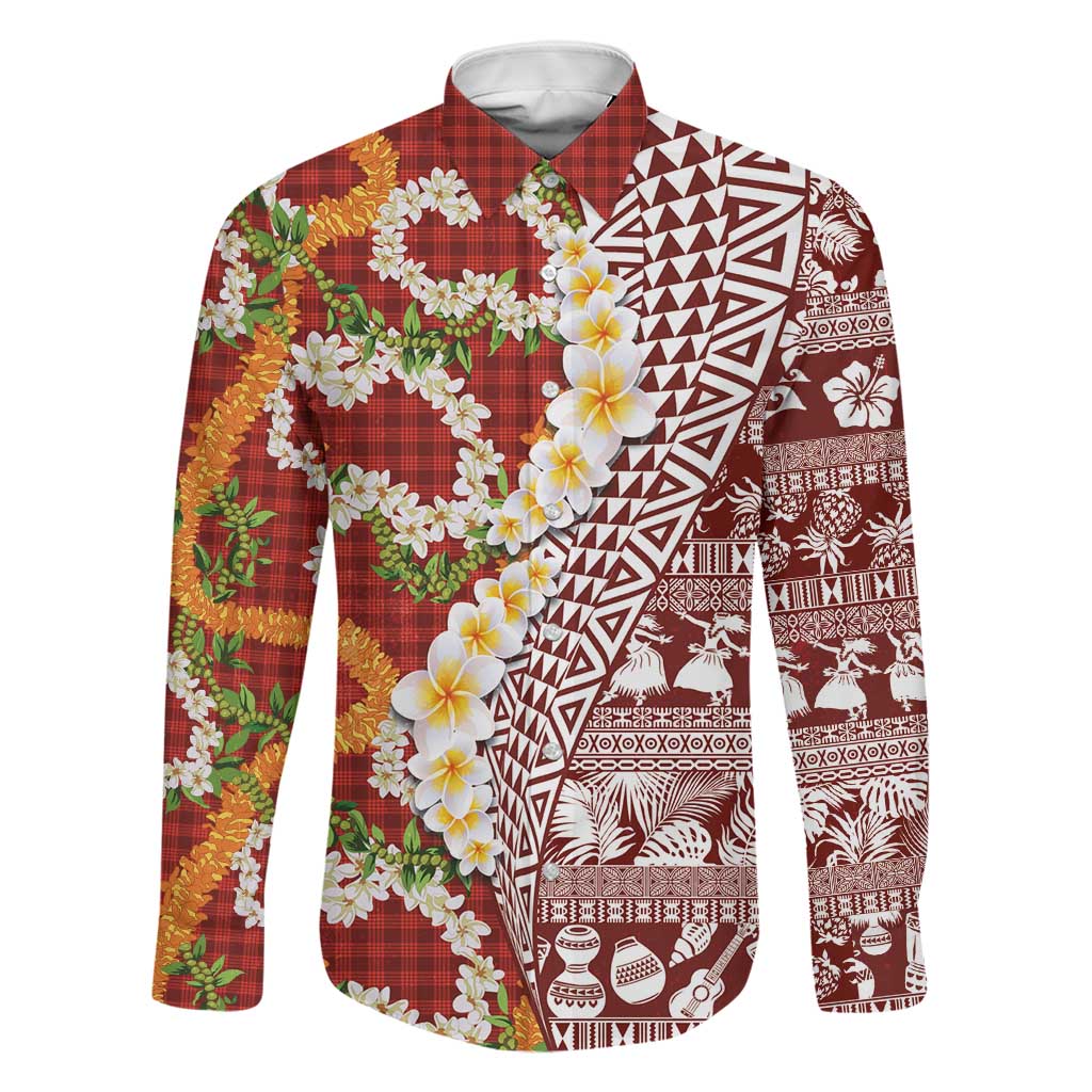 Hawaiian Plumeria Lei Family Matching Long Sleeve Bodycon Dress and Hawaiian Shirt Kakau Motifs and Palaka Half Style Red Color LT03 Dad's Shirt - Long Sleeve Red - Polynesian Pride