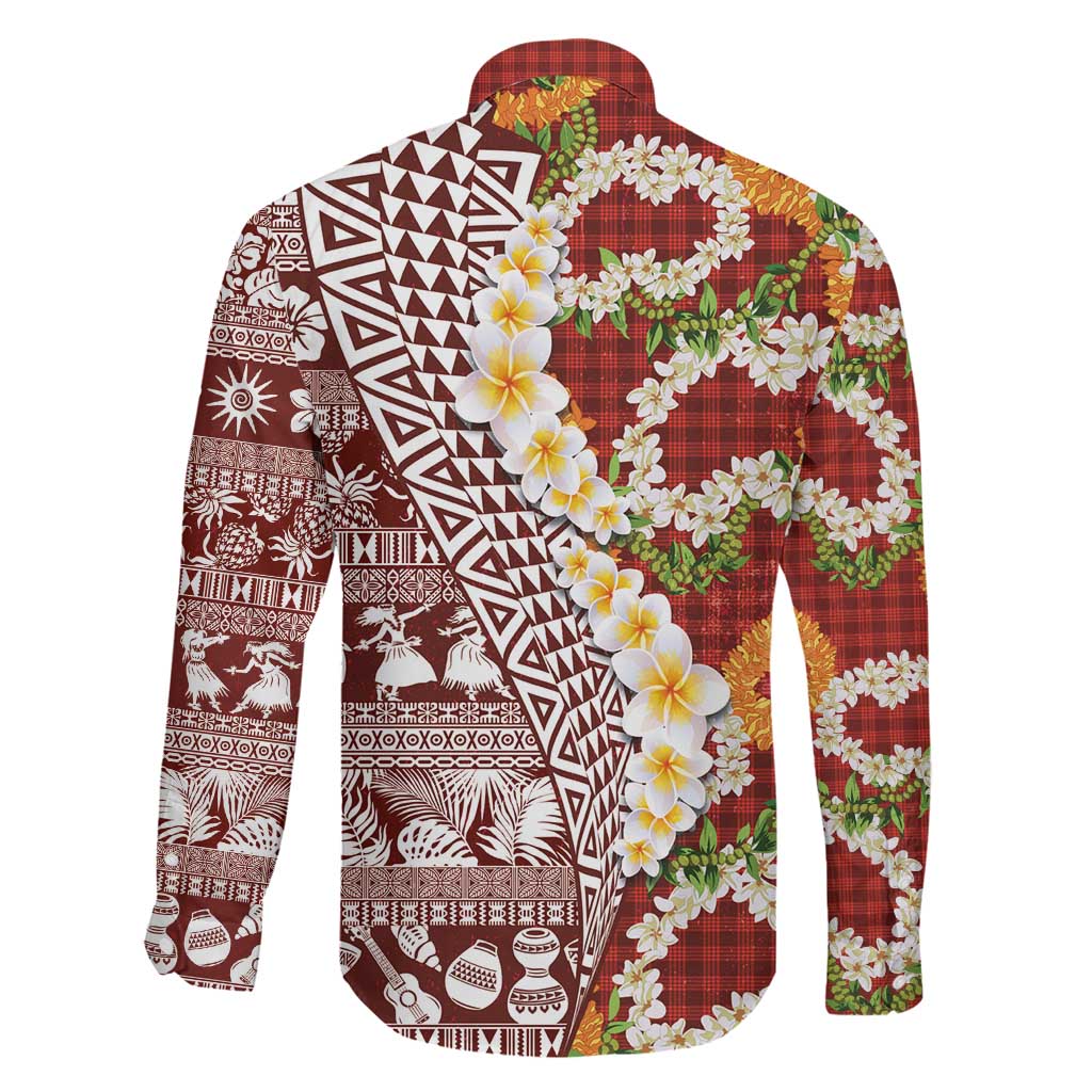 Hawaiian Plumeria Lei Family Matching Long Sleeve Bodycon Dress and Hawaiian Shirt Kakau Motifs and Palaka Half Style Red Color LT03 - Polynesian Pride
