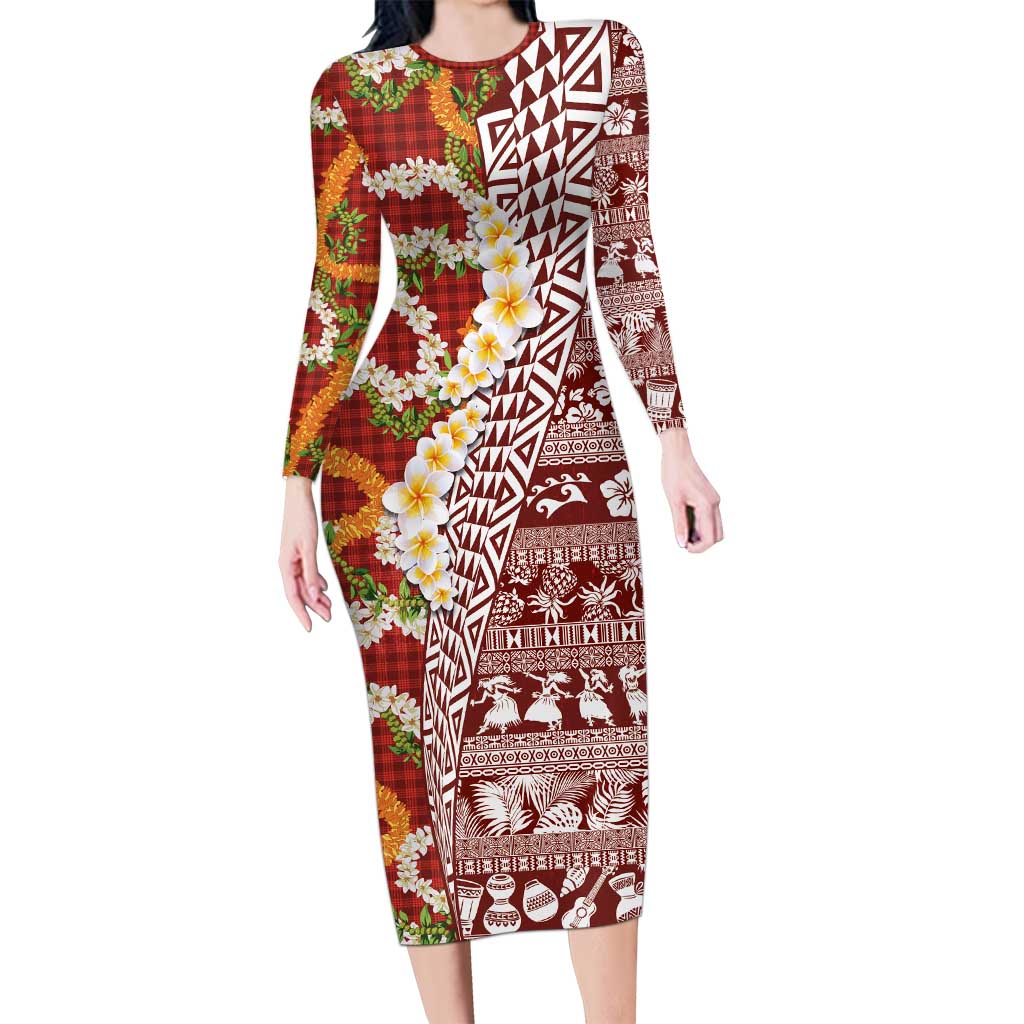 Hawaiian Plumeria Lei Family Matching Long Sleeve Bodycon Dress and Hawaiian Shirt Kakau Motifs and Palaka Half Style Red Color LT03 Mom's Dress Red - Polynesian Pride