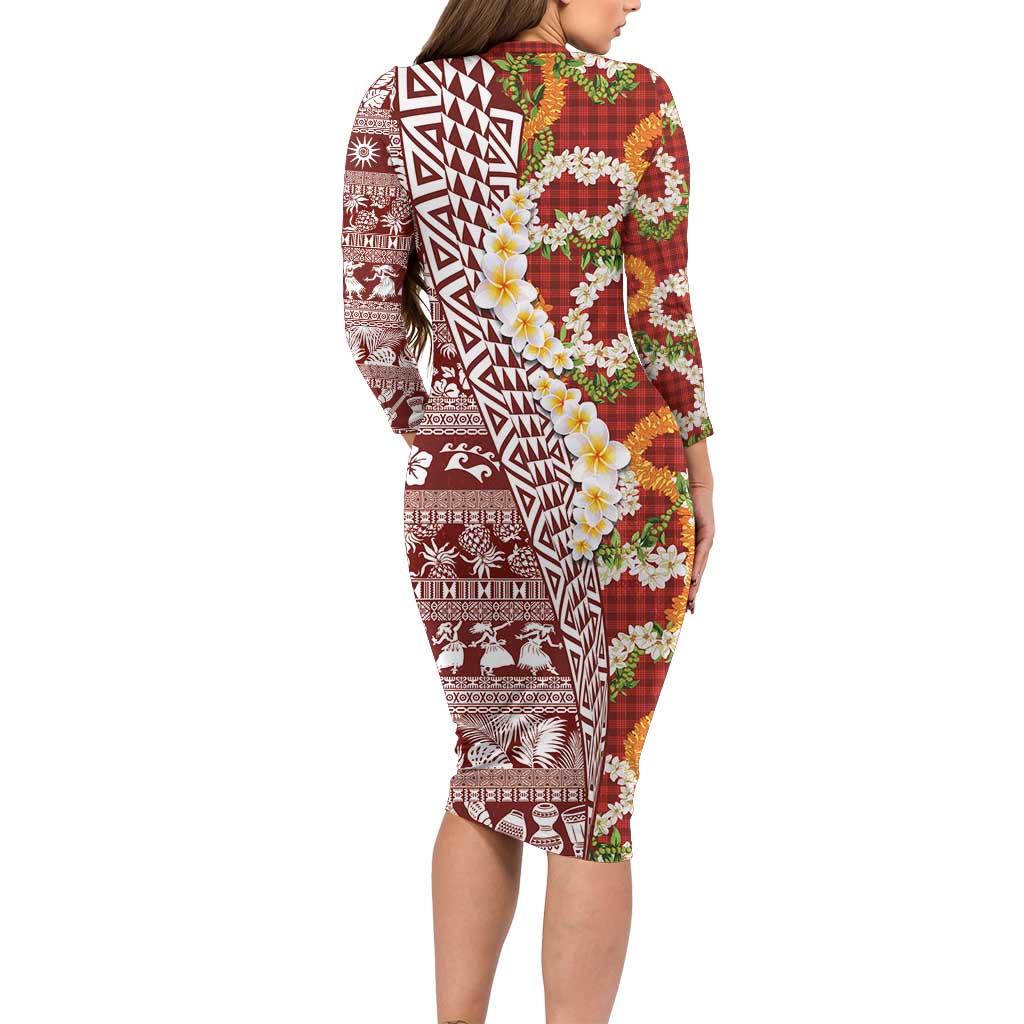 Hawaiian Plumeria Lei Family Matching Long Sleeve Bodycon Dress and Hawaiian Shirt Kakau Motifs and Palaka Half Style Red Color LT03 - Polynesian Pride