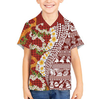 Hawaiian Plumeria Lei Family Matching Long Sleeve Bodycon Dress and Hawaiian Shirt Kakau Motifs and Palaka Half Style Red Color LT03 Son's Shirt Red - Polynesian Pride