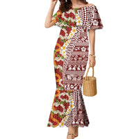 Hawaiian Plumeria Lei Family Matching Mermaid Dress and Hawaiian Shirt Kakau Motifs and Palaka Half Style Red Color LT03 Mom's Dress Red - Polynesian Pride