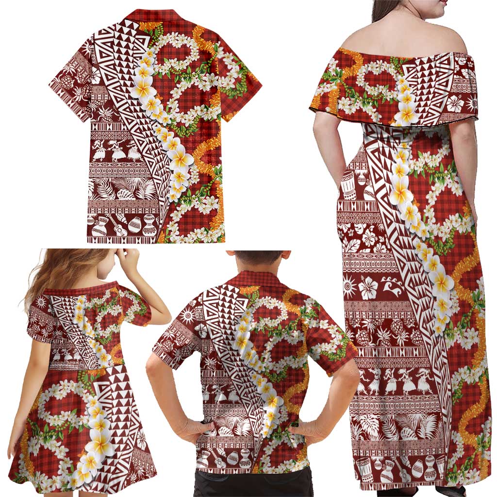 Hawaiian Plumeria Lei Family Matching Off Shoulder Maxi Dress and Hawaiian Shirt Kakau Motifs and Palaka Half Style Red Color LT03 - Polynesian Pride