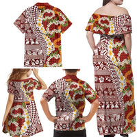 Hawaiian Plumeria Lei Family Matching Off Shoulder Maxi Dress and Hawaiian Shirt Kakau Motifs and Palaka Half Style Red Color LT03 - Polynesian Pride