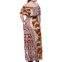 Hawaiian Plumeria Lei Family Matching Off Shoulder Maxi Dress and Hawaiian Shirt Kakau Motifs and Palaka Half Style Red Color LT03 - Polynesian Pride