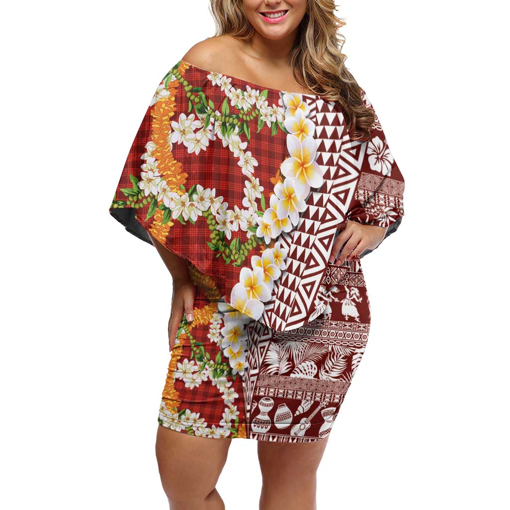 Hawaiian Plumeria Lei Family Matching Off Shoulder Short Dress and Hawaiian Shirt Kakau Motifs and Palaka Half Style Red Color LT03 Mom's Dress Red - Polynesian Pride