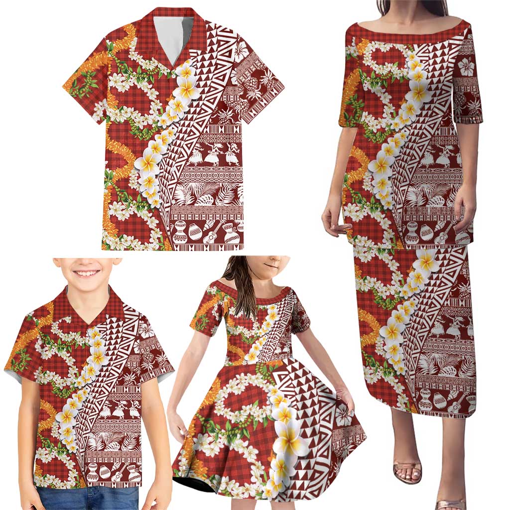 Hawaiian Plumeria Lei Family Matching Puletasi and Hawaiian Shirt Kakau Motifs and Palaka Half Style Red Color - Polynesian Pride