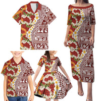 Hawaiian Plumeria Lei Family Matching Puletasi and Hawaiian Shirt Kakau Motifs and Palaka Half Style Red Color LT03 - Polynesian Pride