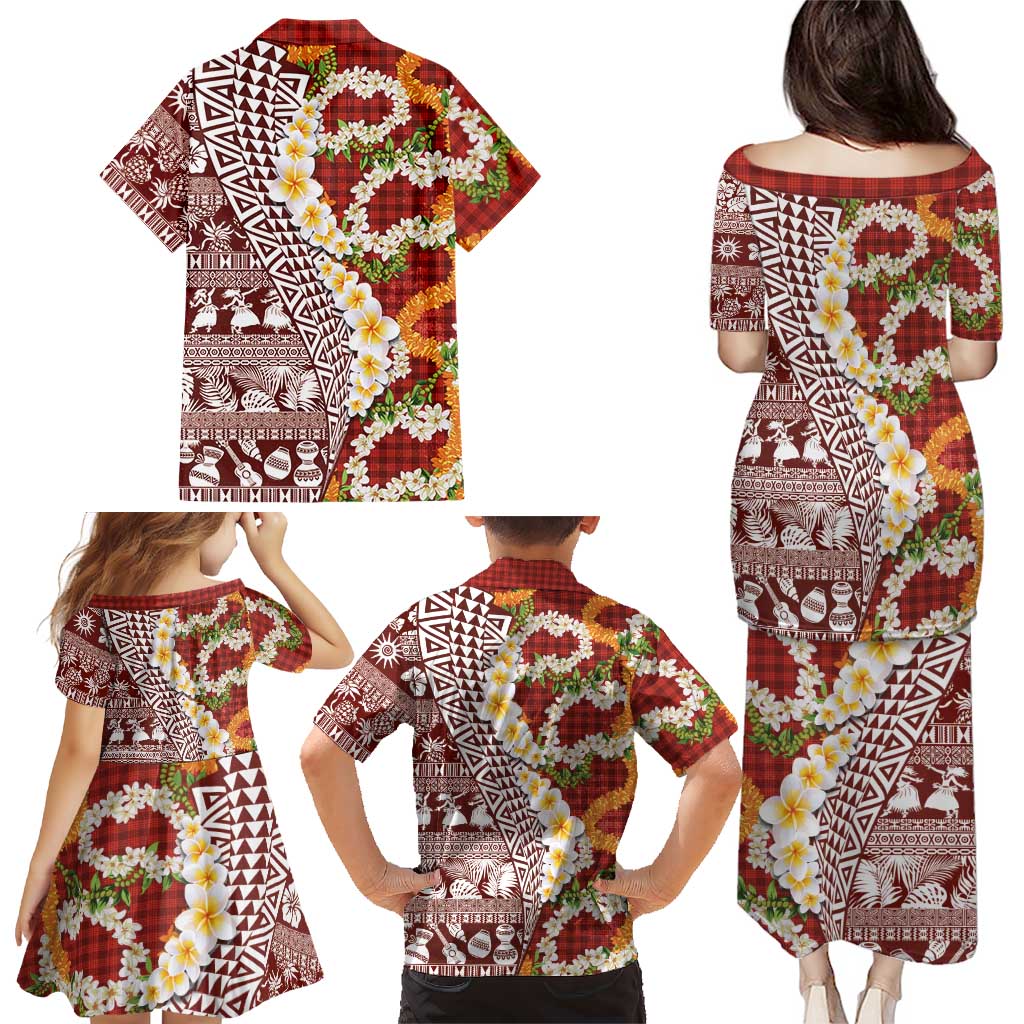 Hawaiian Plumeria Lei Family Matching Puletasi and Hawaiian Shirt Kakau Motifs and Palaka Half Style Red Color LT03 - Polynesian Pride
