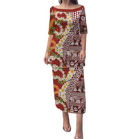 Hawaiian Plumeria Lei Family Matching Puletasi and Hawaiian Shirt Kakau Motifs and Palaka Half Style Red Color LT03 Mom's Dress Red - Polynesian Pride