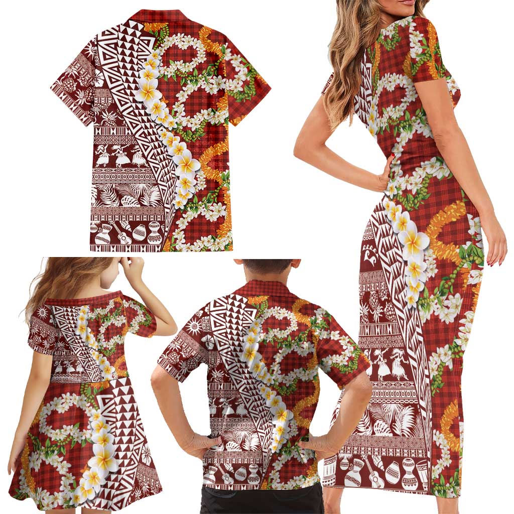 Hawaiian Plumeria Lei Family Matching Short Sleeve Bodycon Dress and Hawaiian Shirt Kakau Motifs and Palaka Half Style Red Color LT03 - Polynesian Pride