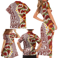 Hawaiian Plumeria Lei Family Matching Short Sleeve Bodycon Dress and Hawaiian Shirt Kakau Motifs and Palaka Half Style Red Color LT03 - Polynesian Pride