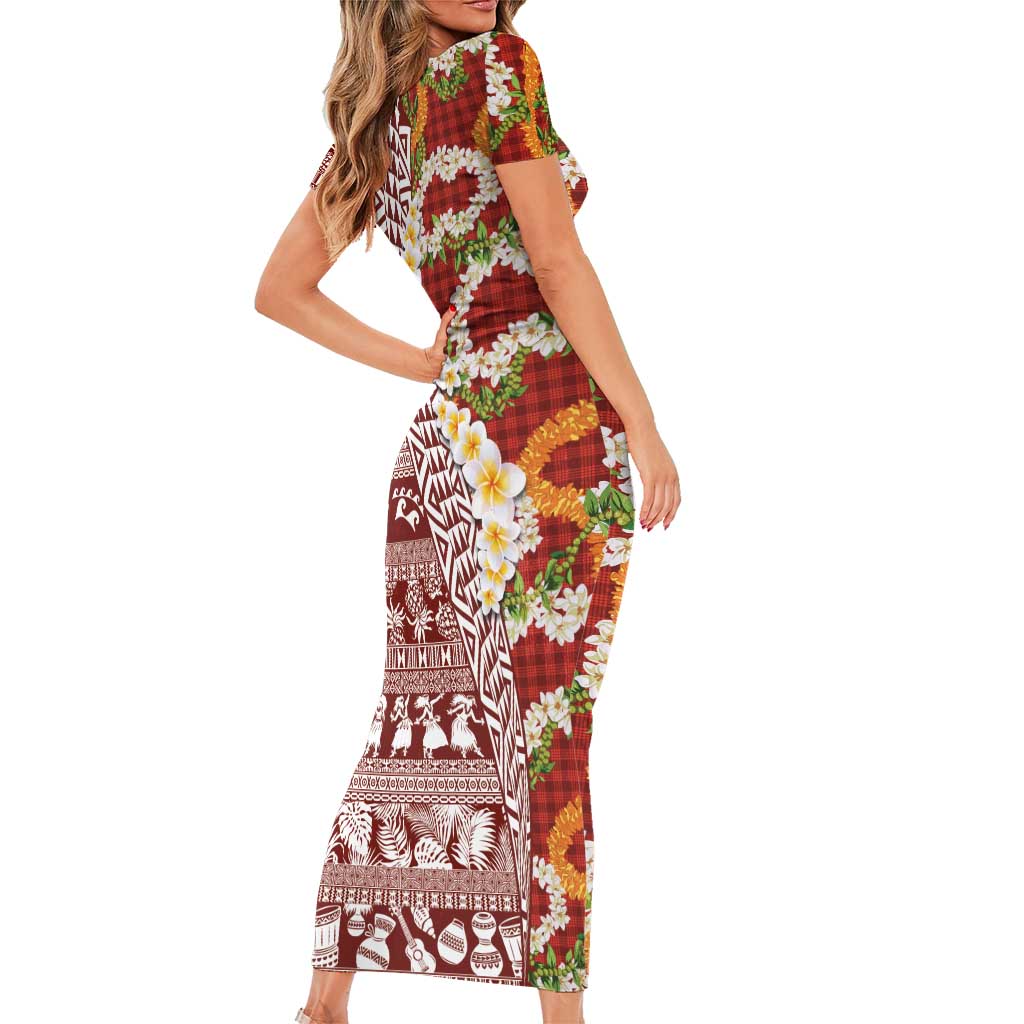 Hawaiian Plumeria Lei Family Matching Short Sleeve Bodycon Dress and Hawaiian Shirt Kakau Motifs and Palaka Half Style Red Color LT03 - Polynesian Pride