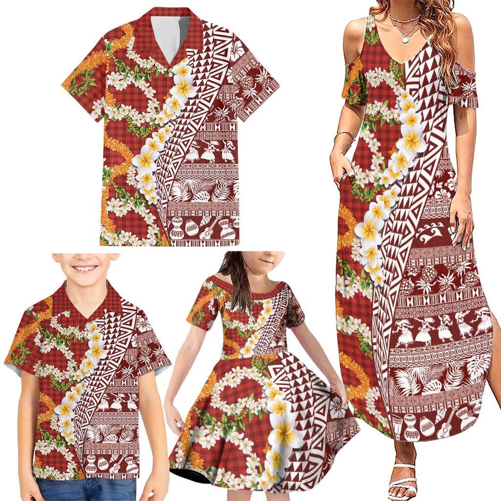Hawaiian Plumeria Lei Family Matching Summer Maxi Dress and Hawaiian Shirt Kakau Motifs and Palaka Half Style Red Color - Polynesian Pride