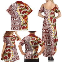 Hawaiian Plumeria Lei Family Matching Summer Maxi Dress and Hawaiian Shirt Kakau Motifs and Palaka Half Style Red Color LT03 - Polynesian Pride