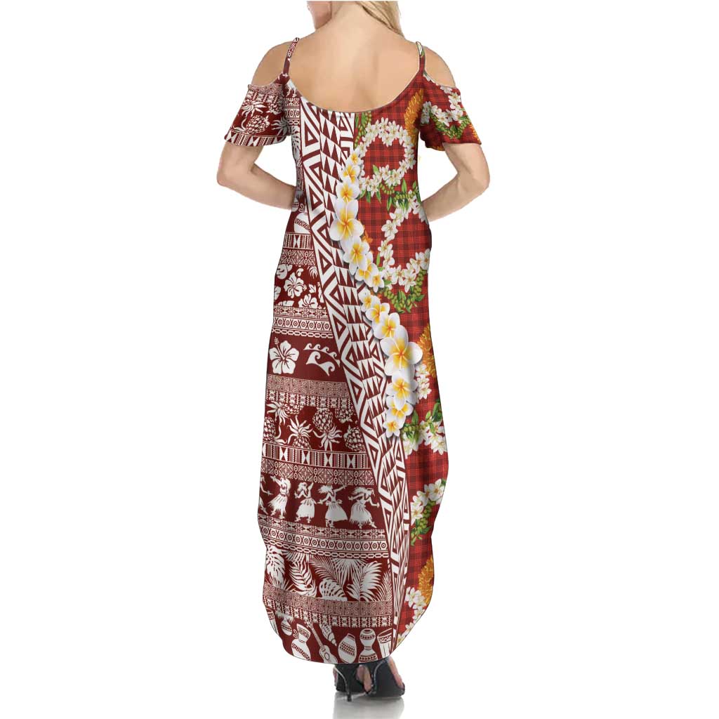 Hawaiian Plumeria Lei Family Matching Summer Maxi Dress and Hawaiian Shirt Kakau Motifs and Palaka Half Style Red Color LT03 - Polynesian Pride
