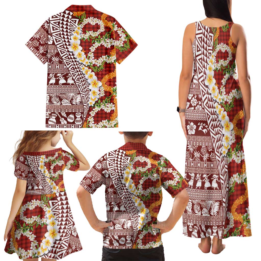 Hawaiian Plumeria Lei Family Matching Tank Maxi Dress and Hawaiian Shirt Kakau Motifs and Palaka Half Style Red Color LT03 - Polynesian Pride