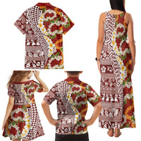 Hawaiian Plumeria Lei Family Matching Tank Maxi Dress and Hawaiian Shirt Kakau Motifs and Palaka Half Style Red Color LT03 - Polynesian Pride