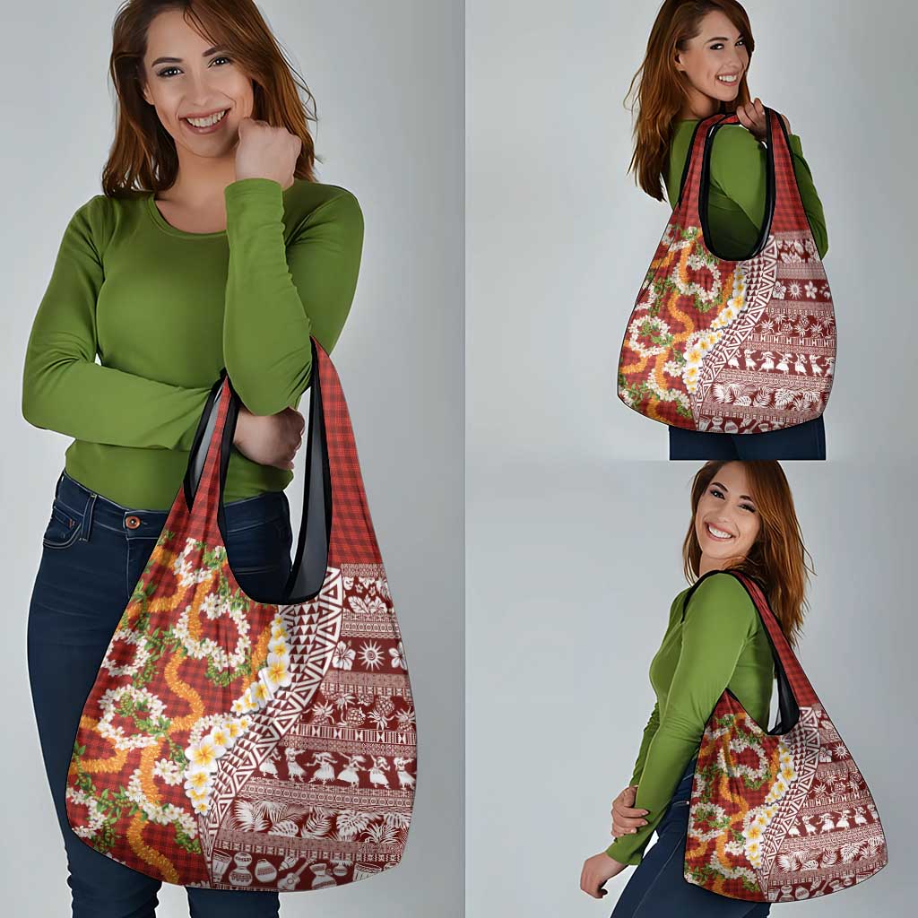 Hawaiian Plumeria Lei Grocery Bag Kakau Motifs and Palaka Half Style Red Color - Polynesian Pride