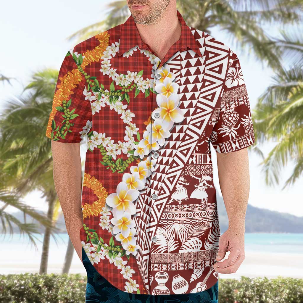 Hawaiian Plumeria Lei Hawaiian Shirt Kakau Motifs and Palaka Half Style Red Color - Polynesian Pride