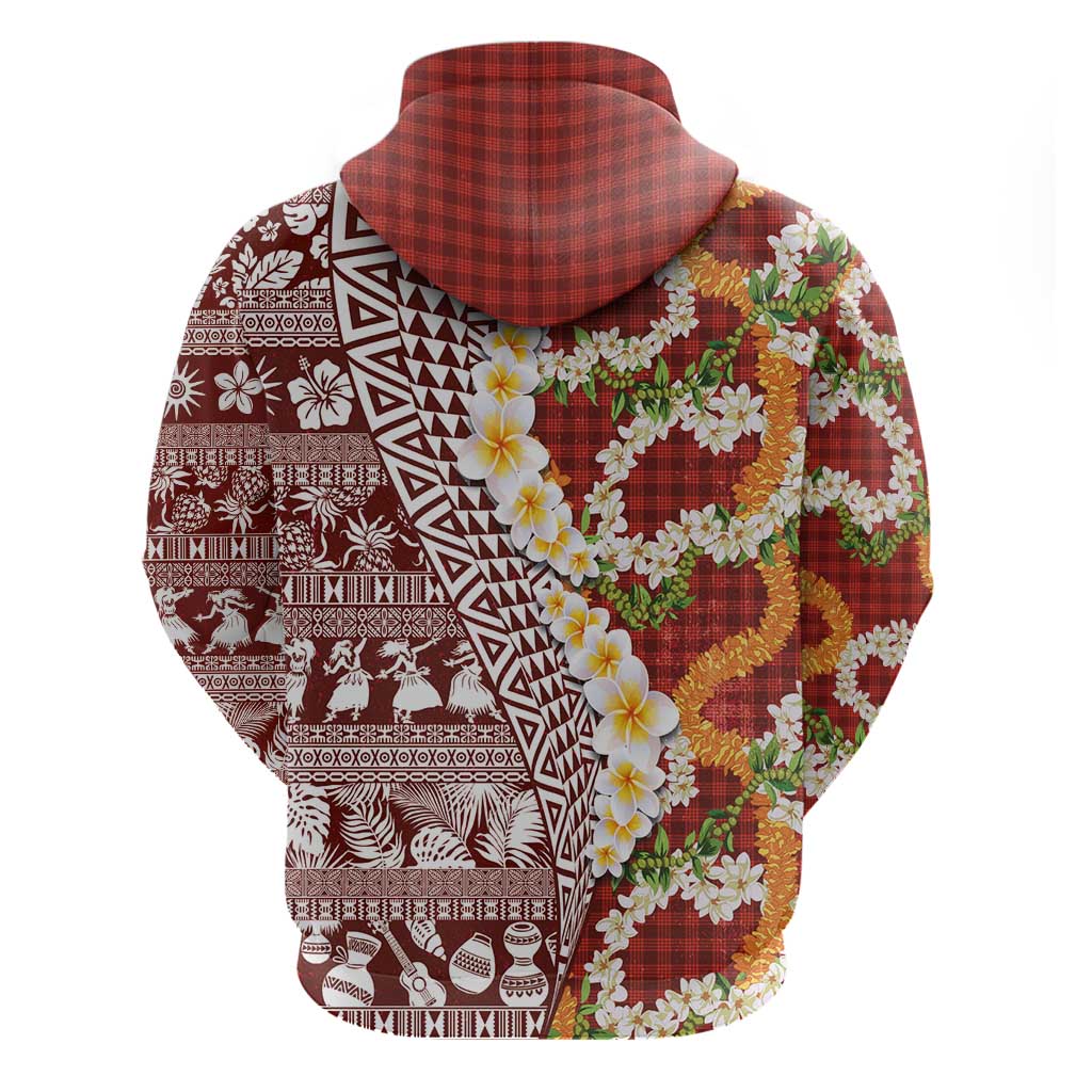 Hawaiian Plumeria Lei Hoodie Kakau Motifs and Palaka Half Style Red Color - Polynesian Pride