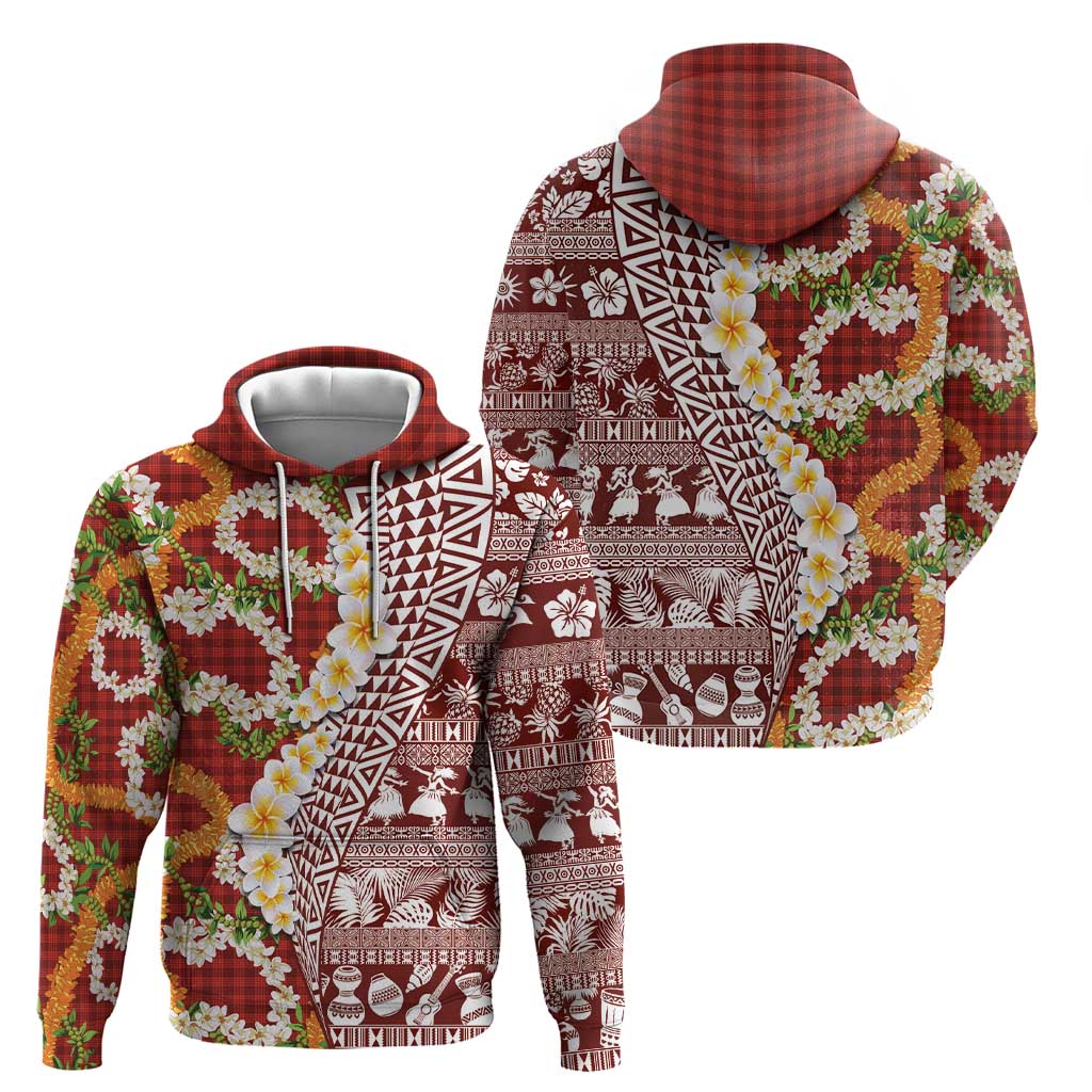 Hawaiian Plumeria Lei Hoodie Kakau Motifs and Palaka Half Style Red Color - Polynesian Pride