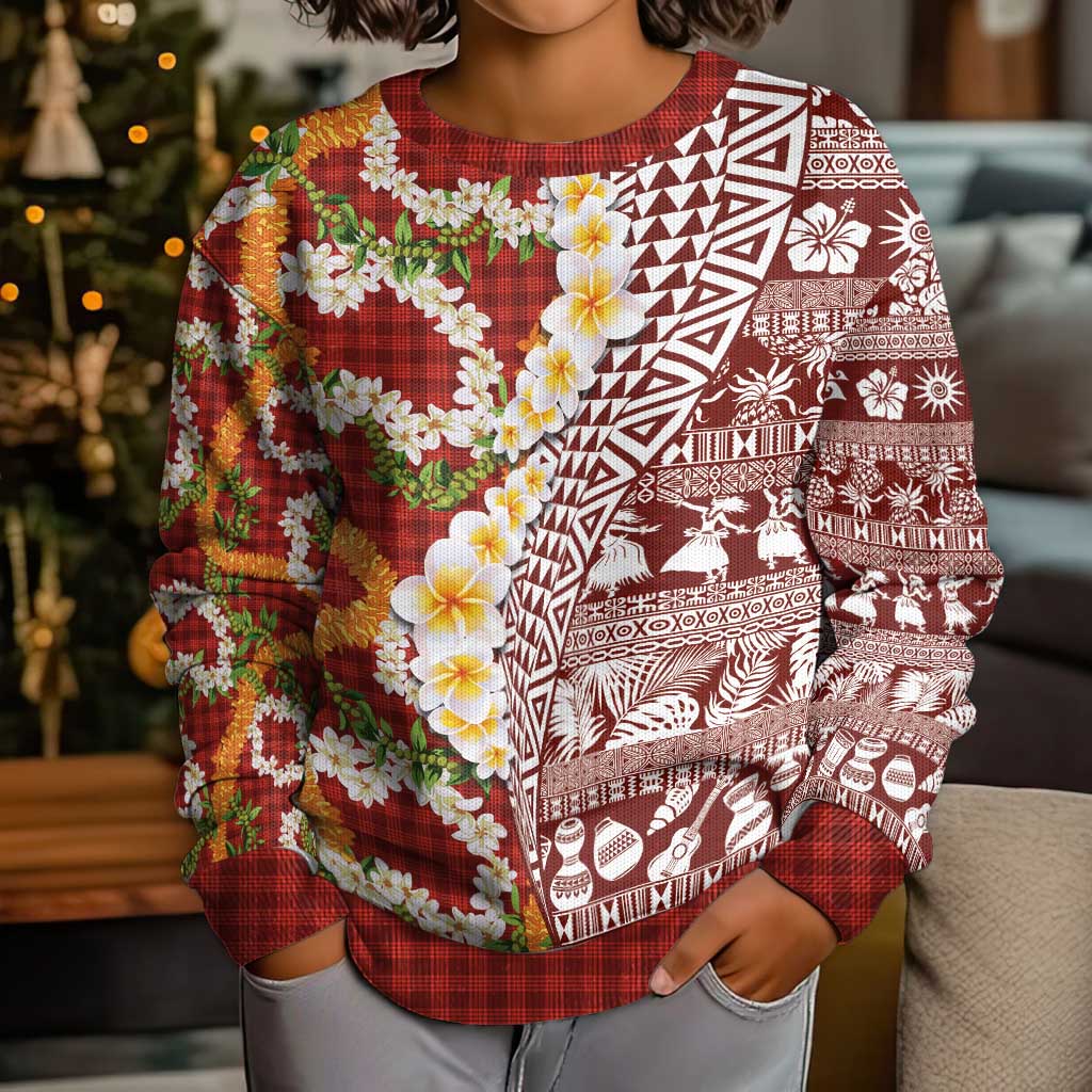 Hawaiian Plumeria Lei Kid Ugly Christmas Sweater Kakau Motifs and Palaka Half Style Red Color - Polynesian Pride