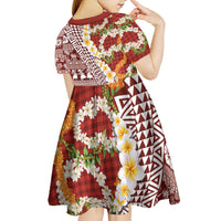 Hawaiian Plumeria Lei Kid Short Sleeve Dress Kakau Motifs and Palaka Half Style Red Color LT03 - Polynesian Pride