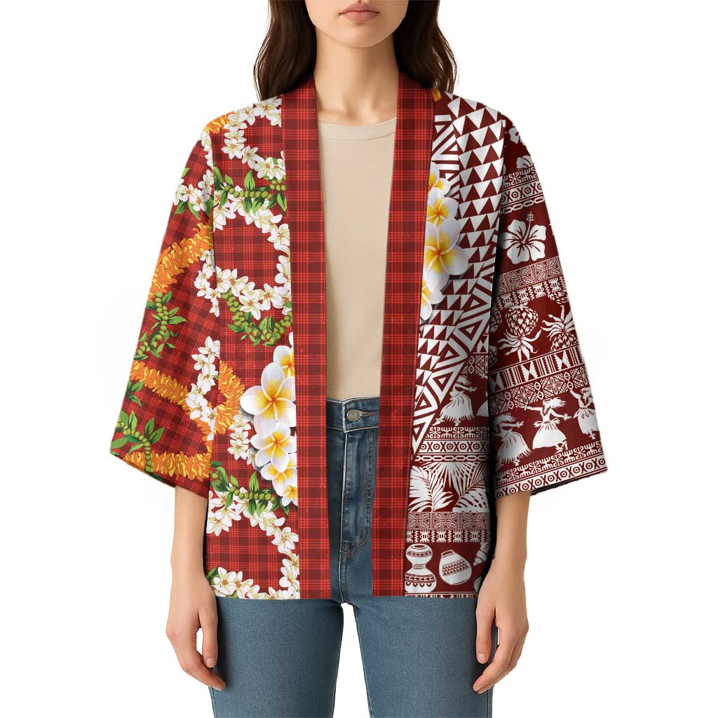 Hawaiian Plumeria Lei Kimono Kakau Motifs and Palaka Half Style Red Color - Polynesian Pride