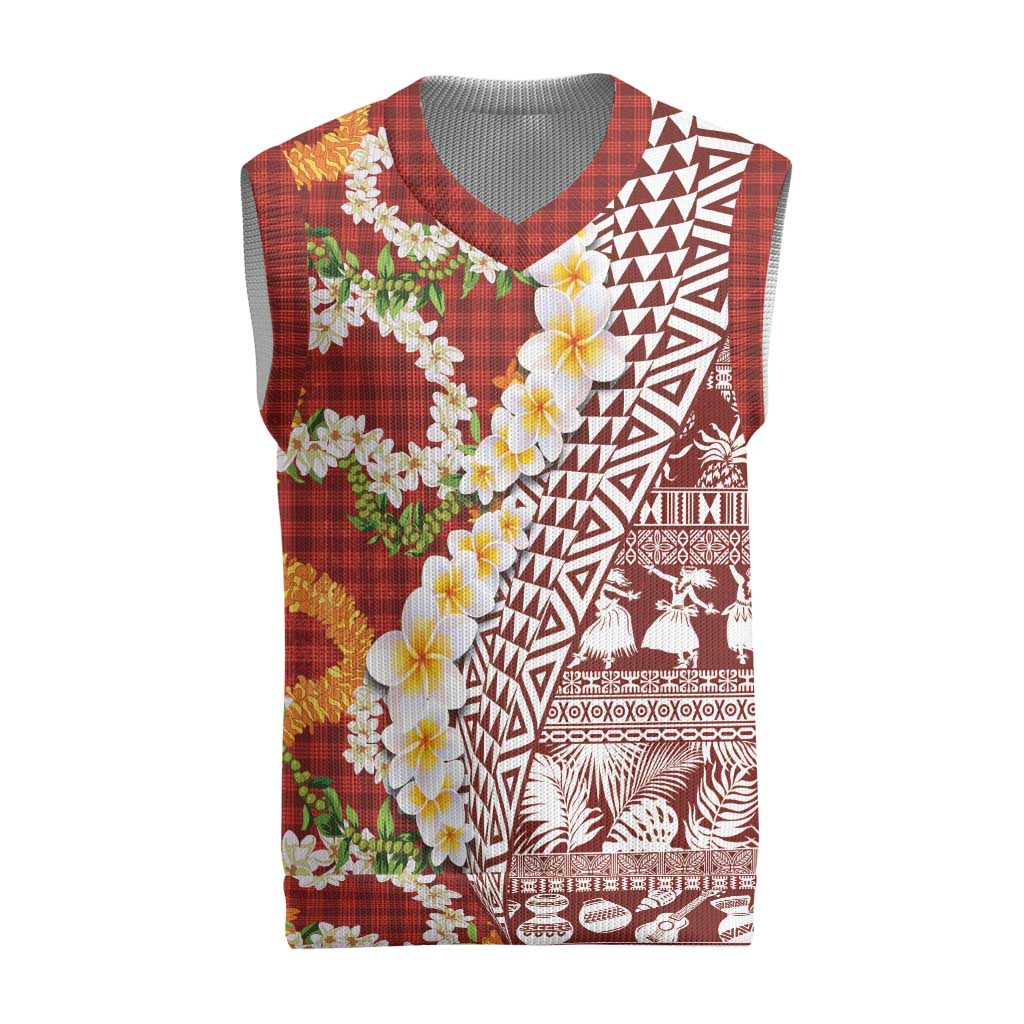 Hawaiian Plumeria Lei Christmas Knitted V-Neck Vest Kakau Motifs and Palaka Half Style Red Color LT03 Red - Polynesian Pride