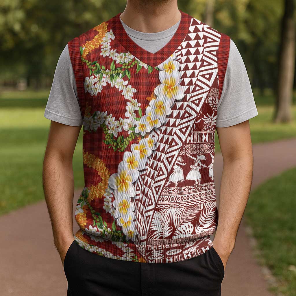 Hawaiian Plumeria Lei Christmas Knitted V-Neck Vest Kakau Motifs and Palaka Half Style Red Color LT03 - Polynesian Pride
