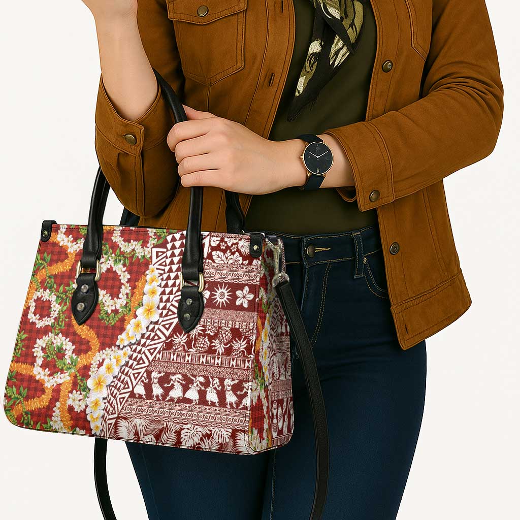Hawaiian Plumeria Lei Leather Bag Kakau Motifs and Palaka Half Style Red Color - Polynesian Pride
