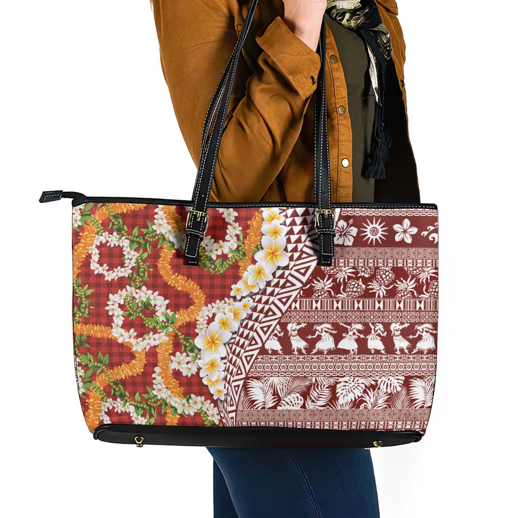 Hawaiian Plumeria Lei Leather Tote Bag Kakau Motifs and Palaka Half Style Red Color - Polynesian Pride